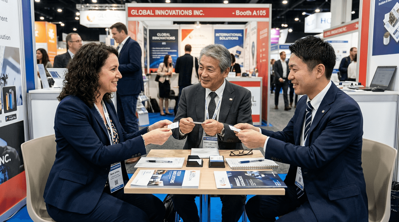 An overseas exhibitor and two Japanese buyers in a seated business meeting at a trade show booth