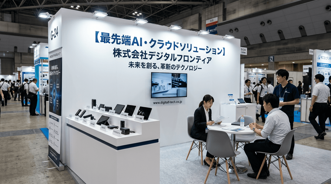 A clean white exhibition booth with a large Japanese headline, a product display at the aisle and a small meeting table